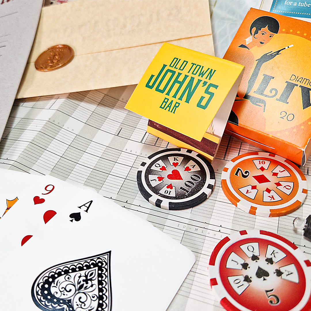 Brief, Pokerchips, Pokerkarten, Zundhölzer, Mappe